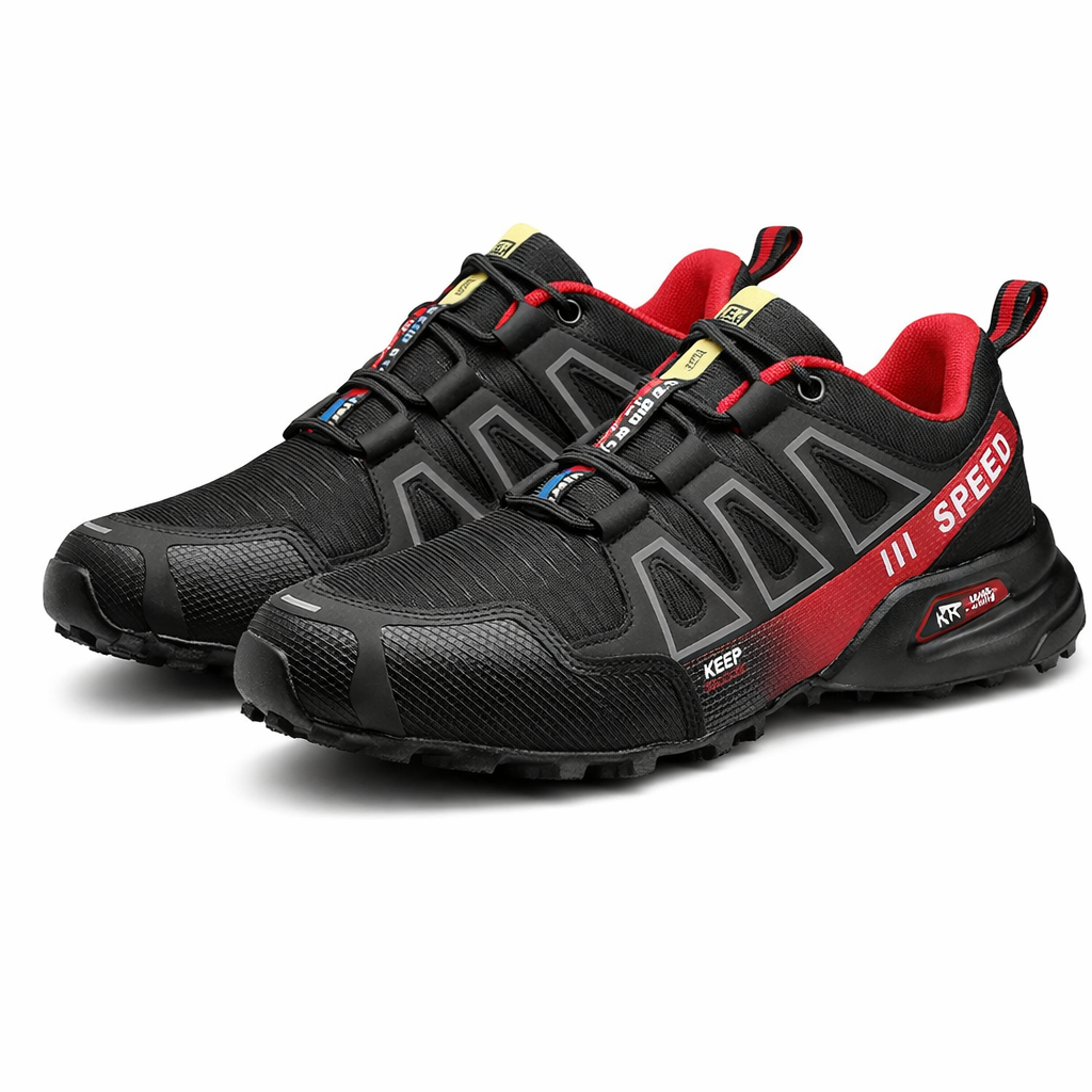 Chaussure Running Trail Homme Noir & Rouge – Performance et Confort
